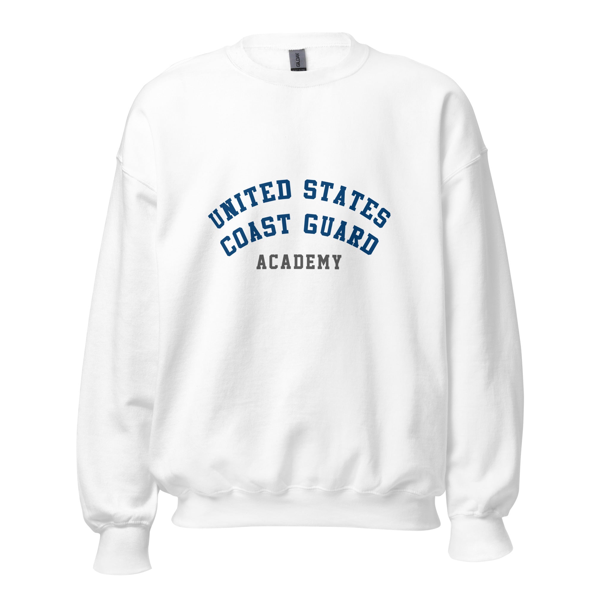 Unisex heather gray sweatshirt featuring US Coast Guard Academy logo printed across the front chest