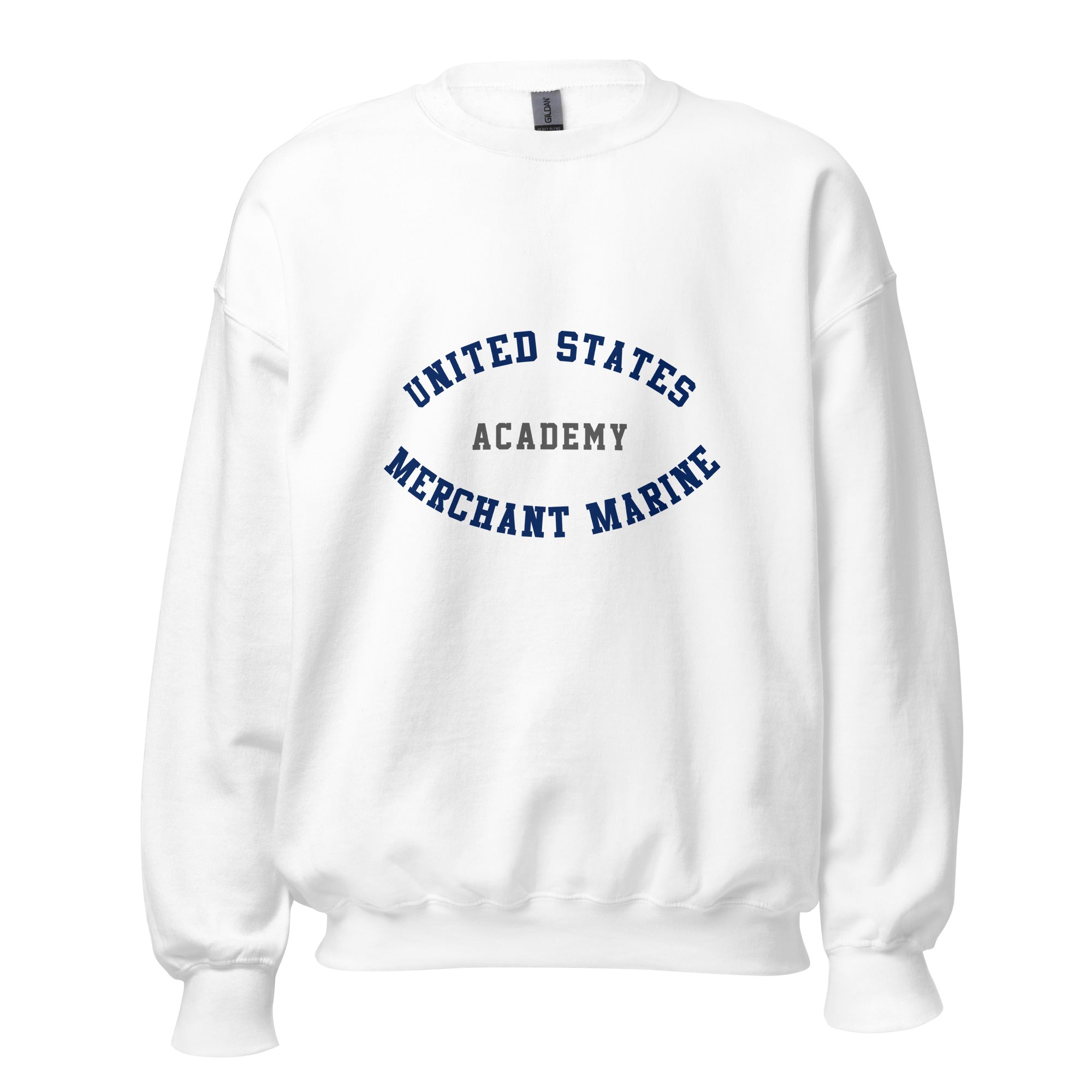 Unisex heather gray sweatshirt featuring US Merchant Marine Academy logo printed across the front chest