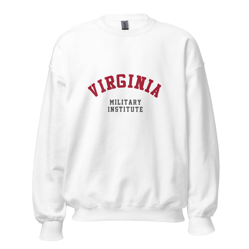 Unisex heather gray sweatshirt featuring Virginia Military Institute logo printed across the front chest