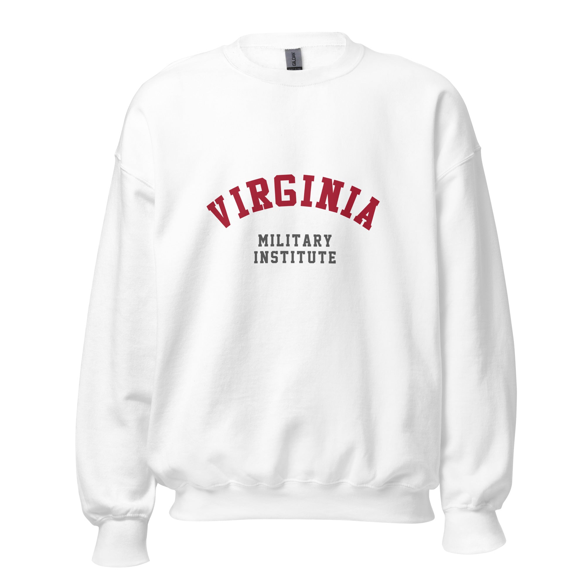 Unisex heather gray sweatshirt featuring Virginia Military Institute logo printed across the front chest