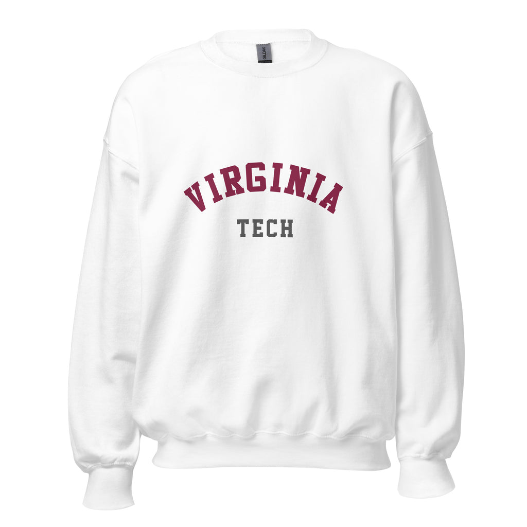 Unisex heather gray sweatshirt featuring Virginia Tech logo printed across the front chest