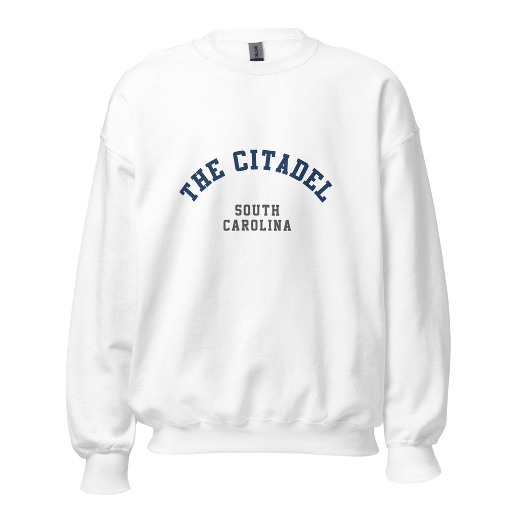 Unisex heather gray sweatshirt featuring The Citadel logo printed across the front chest