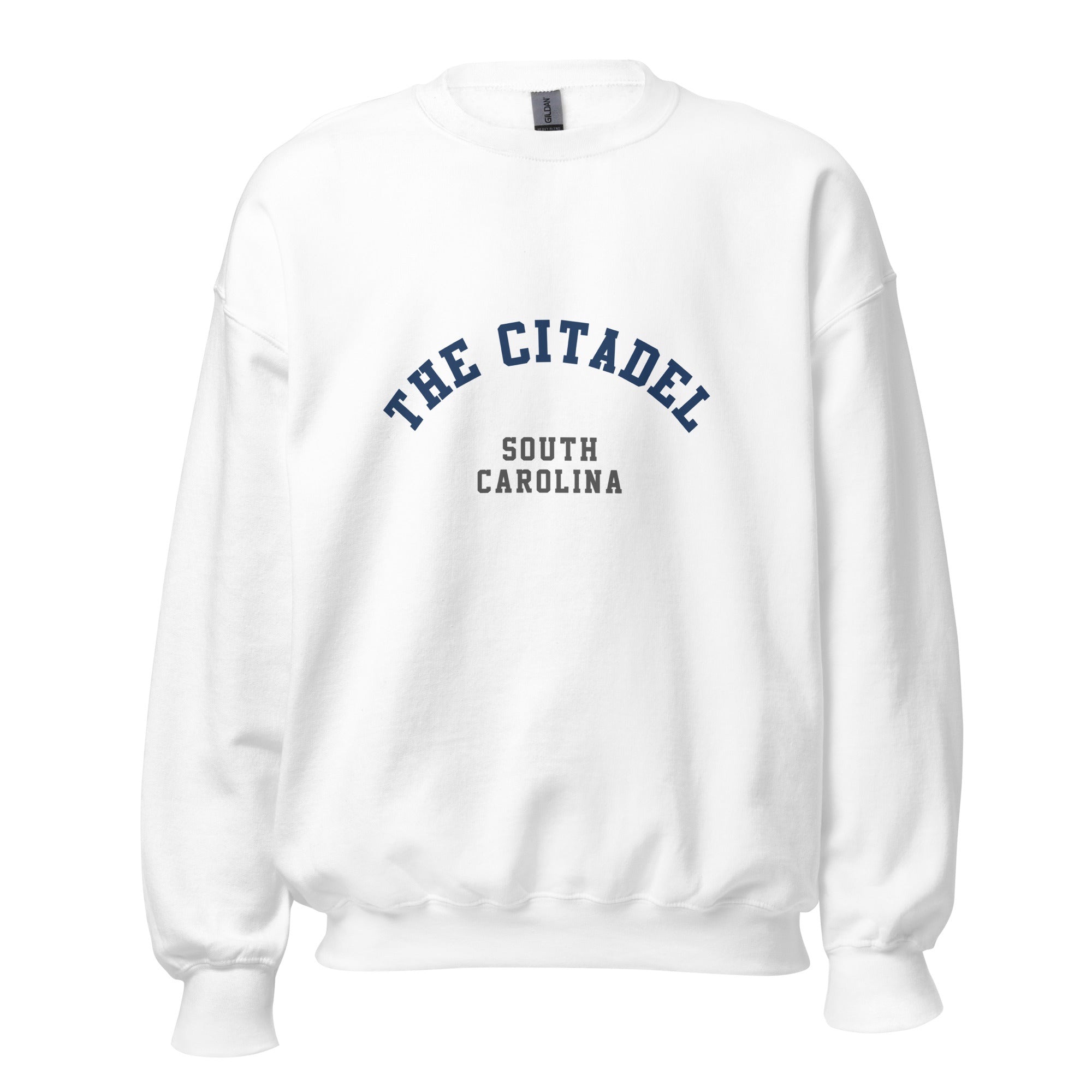 Unisex heather gray sweatshirt featuring The Citadel logo printed across the front chest
