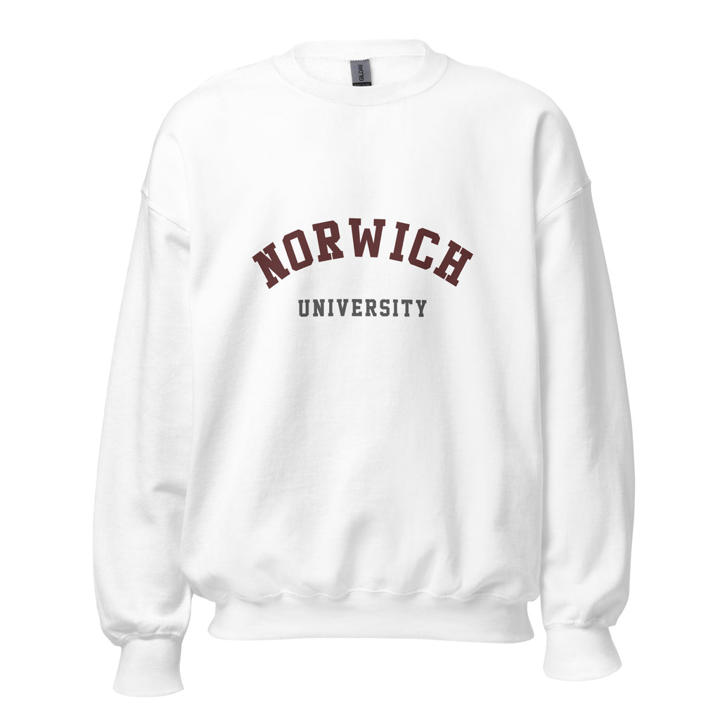 Unisex heather gray sweatshirt featuring Norwich University logo printed across the front chest