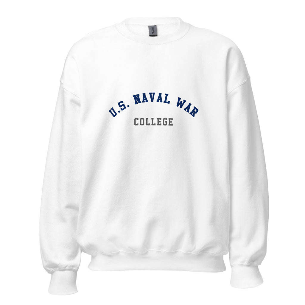 Unisex heather gray sweatshirt featuring US Naval War College logo printed across the front chest