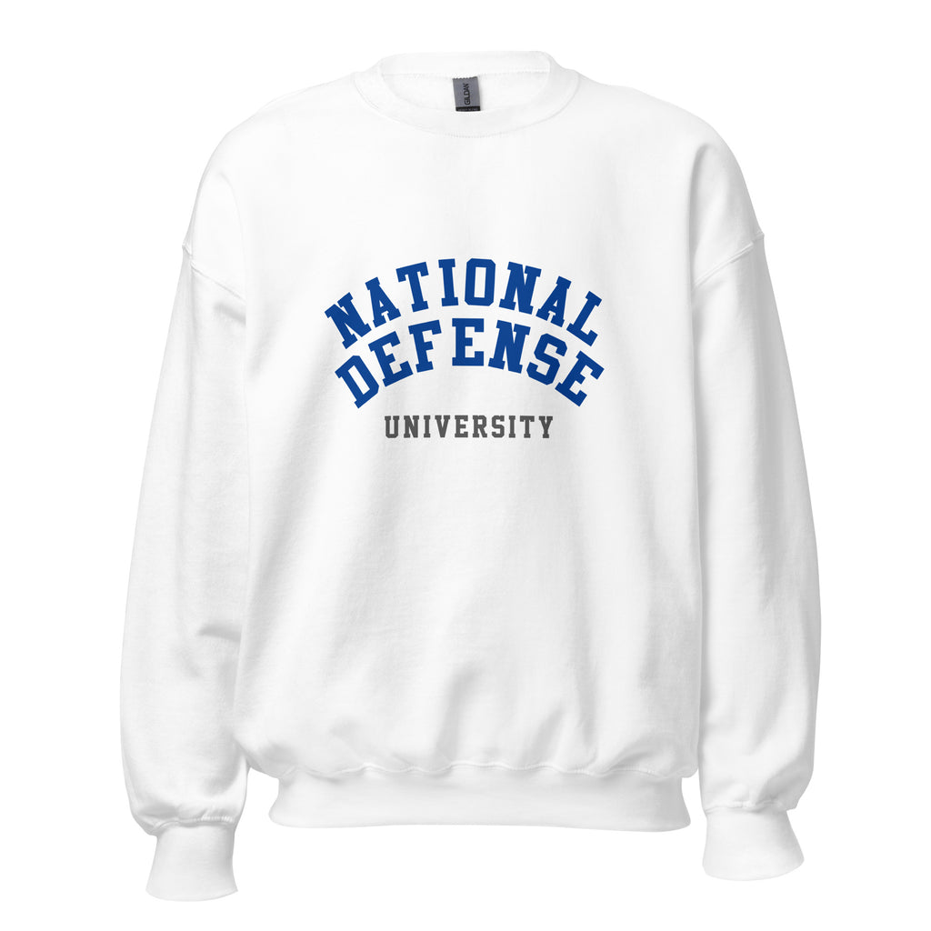 Unisex heather gray sweatshirt featuring National Defense University logo printed across the front chest