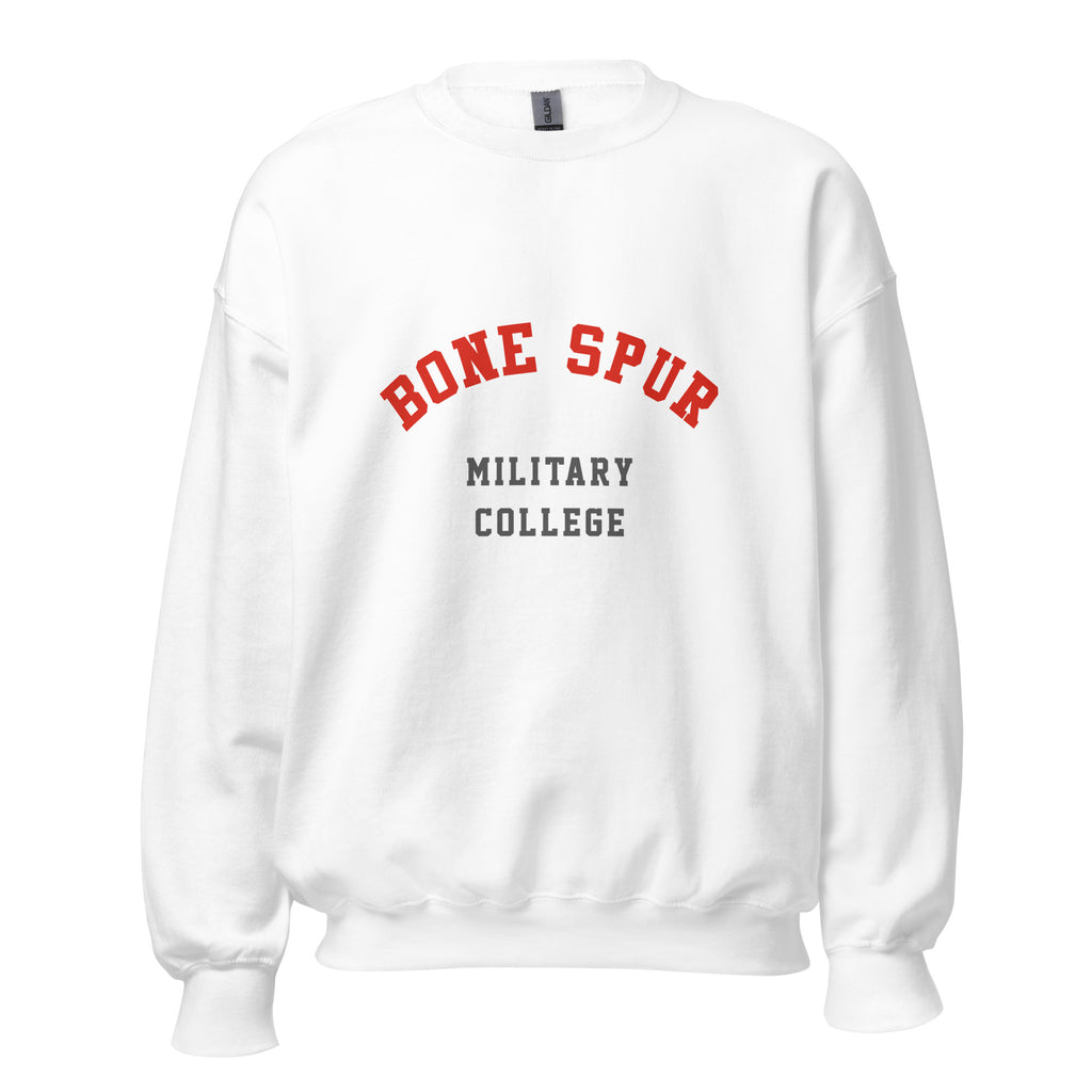 Unisex heather gray sweatshirt featuring Bone Spur Military College logo printed across the front chest