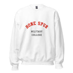 Unisex heather gray sweatshirt featuring Bone Spur Military College logo printed across the front chest