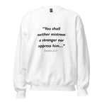 Unisex heather gray sweatshirt with Exodus 22:21 Bible verse printed across the chest