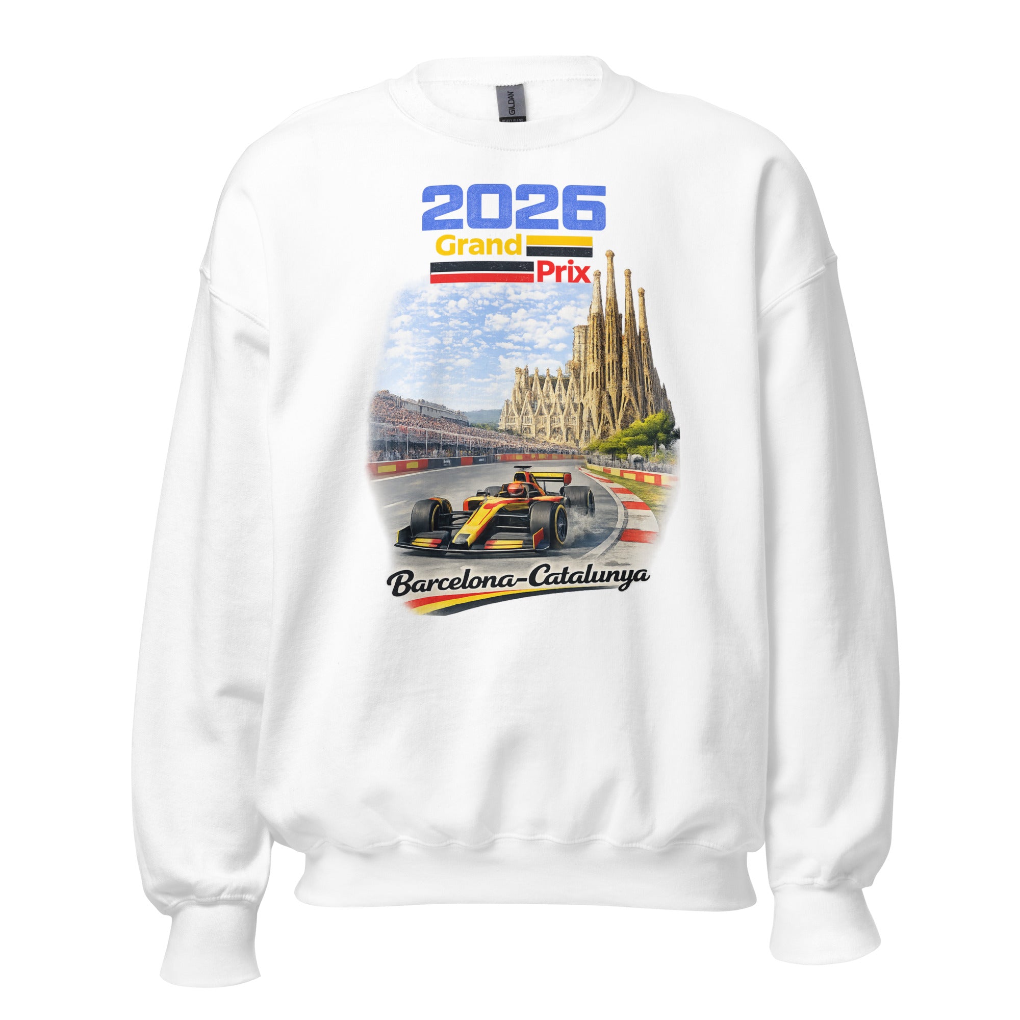 Unisex black sweatshirt featuring Barcelona Grand Prix event graphic printed across the front chest