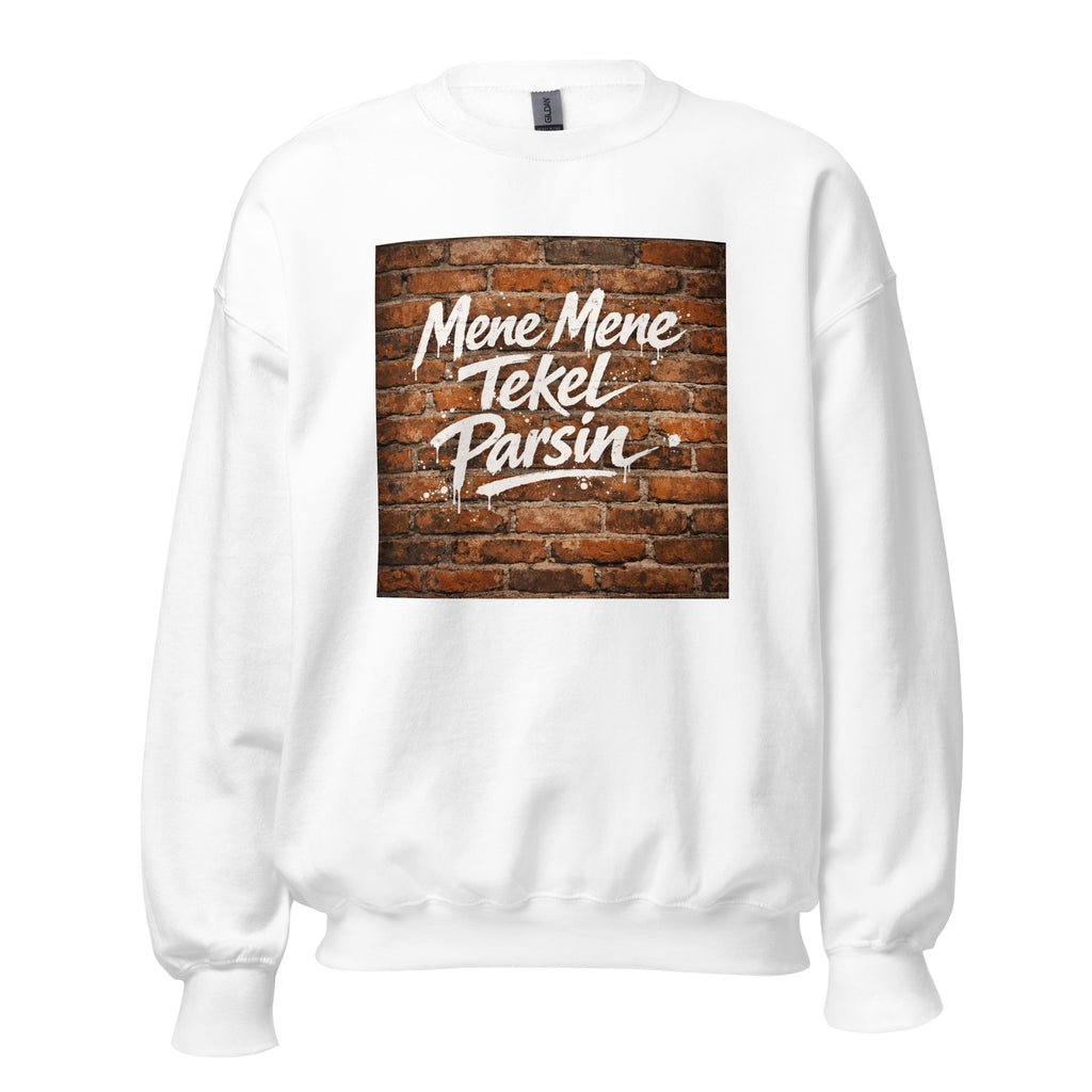 Unisex heather gray sweatshirt featuring vintage Writing on the Wall poster artwork printed across the front