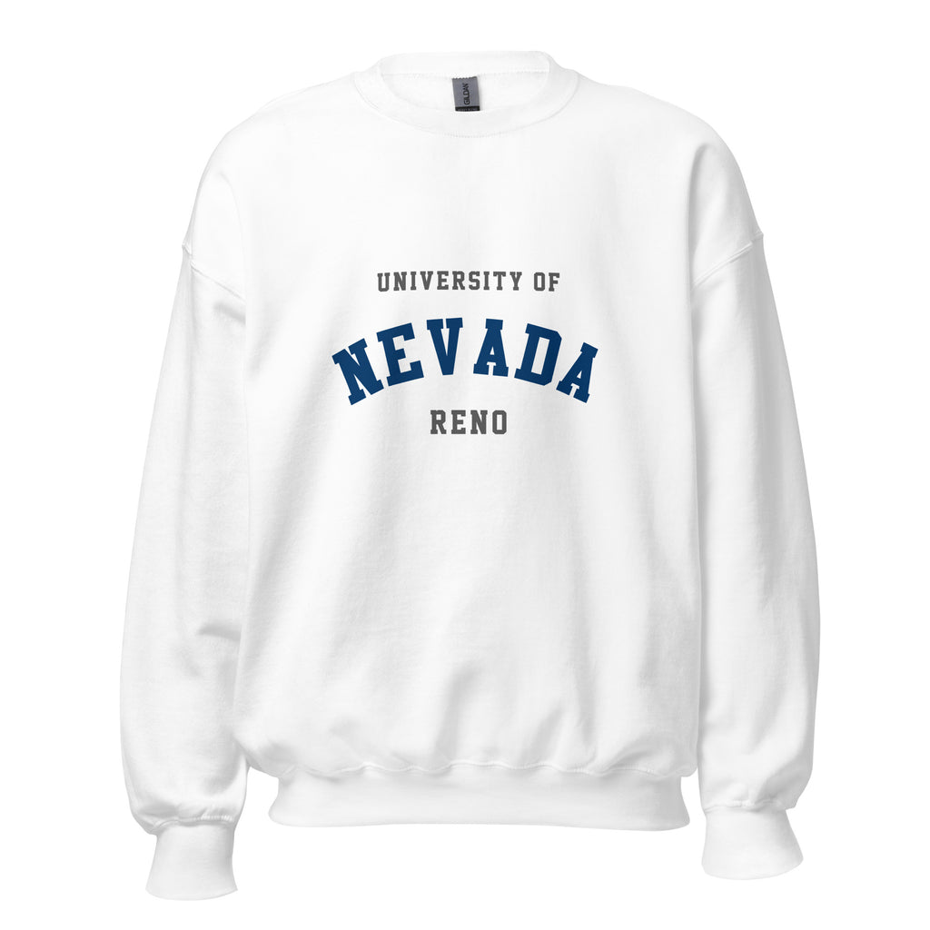 University of Nevada Reno Unisex Sweatshirt, shown in White, front view, sizes S–5XL
