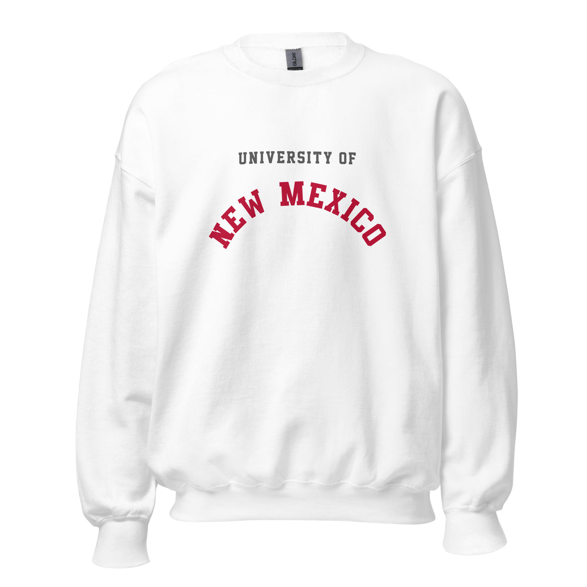 University of New Mexico Unisex Sweatshirt, shown in White, front view, sizes S–5XL