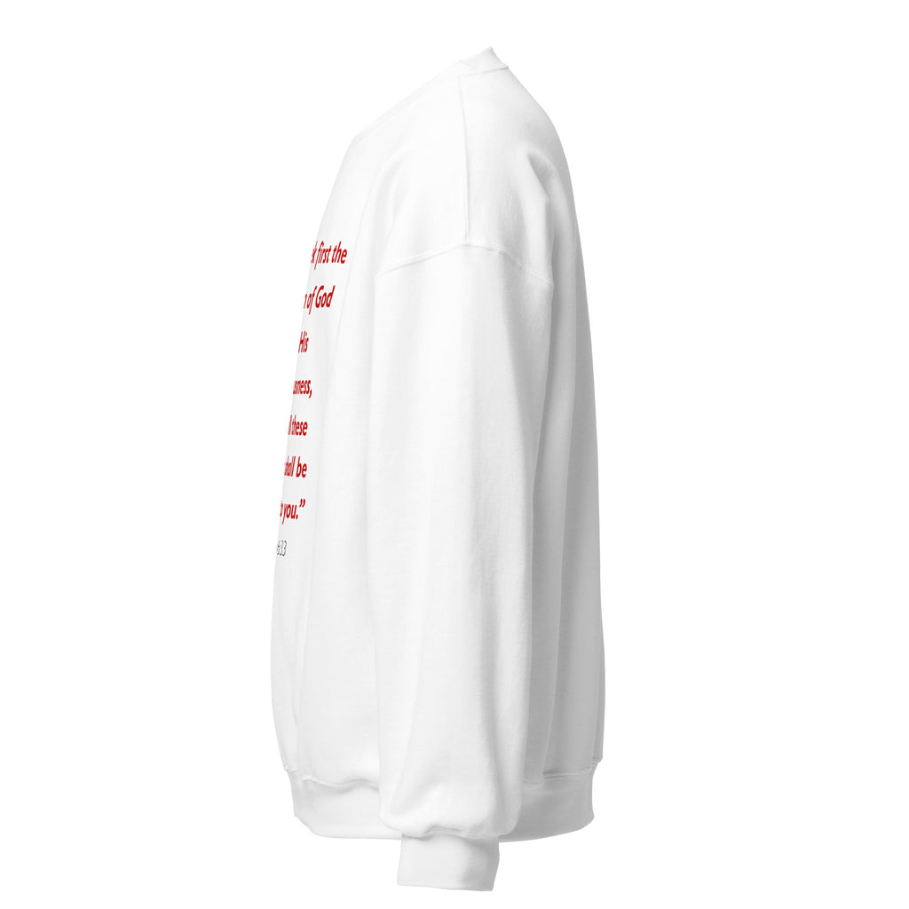 Unisex maroon sweatshirt with Matthew 6:33 Bible verse printed in red text on front