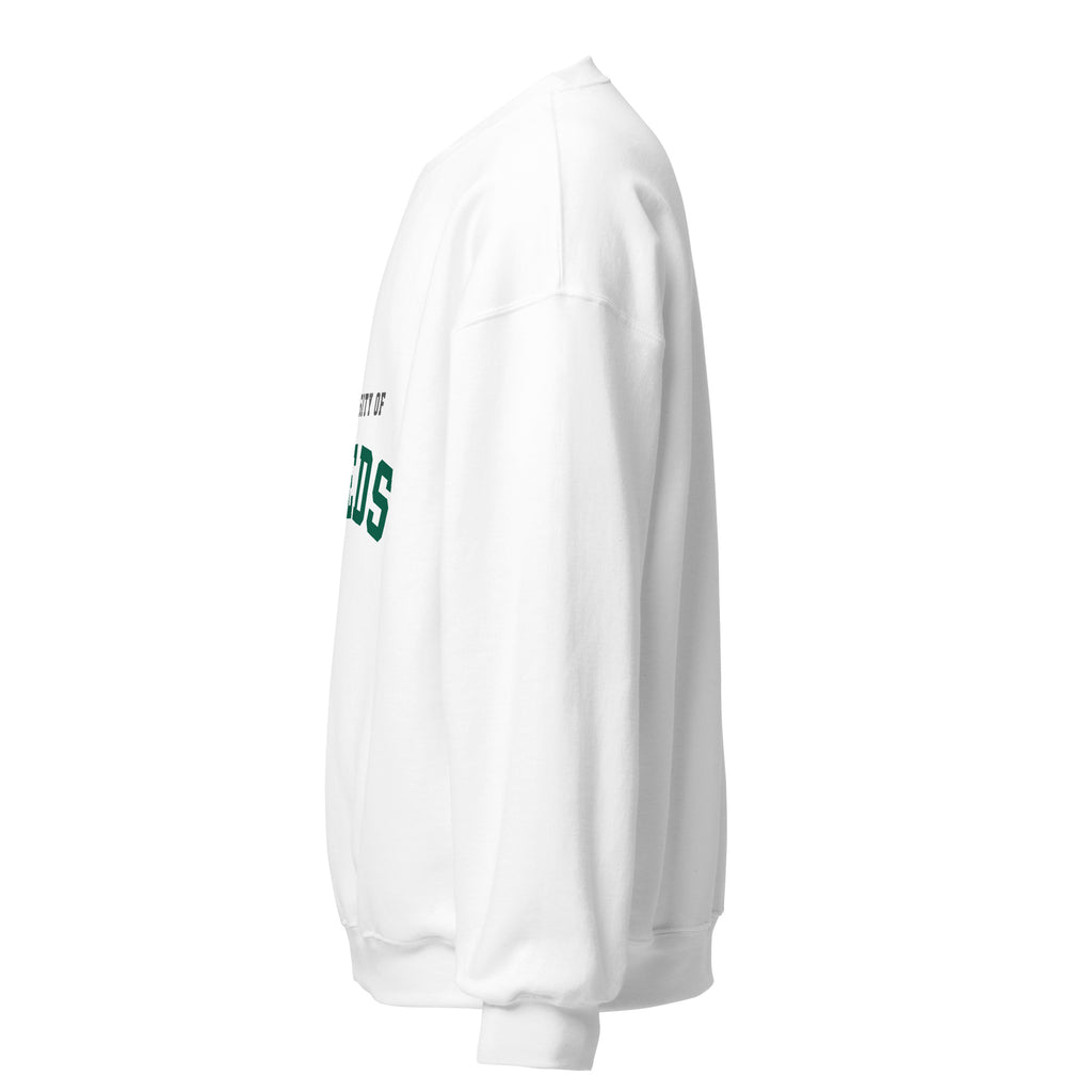 Unisex white sweatshirt featuring University of Leeds logo printed across the front chest