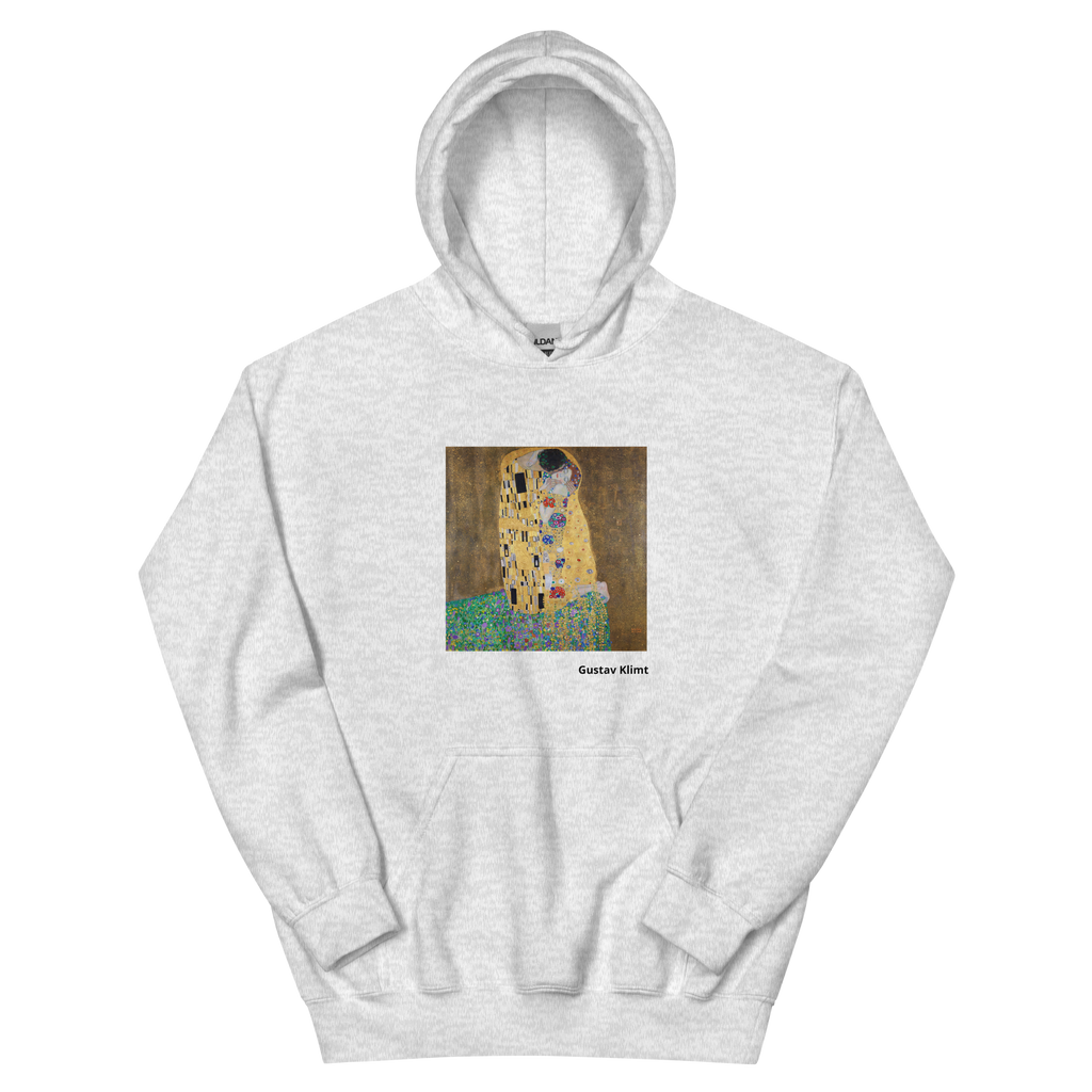 Unisex hoodie featuring Klimt's famous painting of two lovers embracing in golden robes