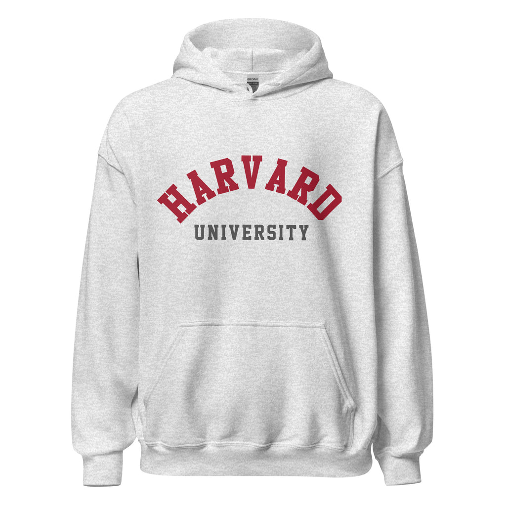 Unisex hoodie featuring Harvard University name and branding in crimson and white