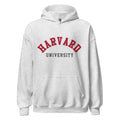 Unisex hoodie featuring Harvard University name and branding in crimson and white