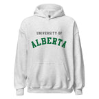 Unisex hoodie featuring University of Alberta name and branding in green and gold