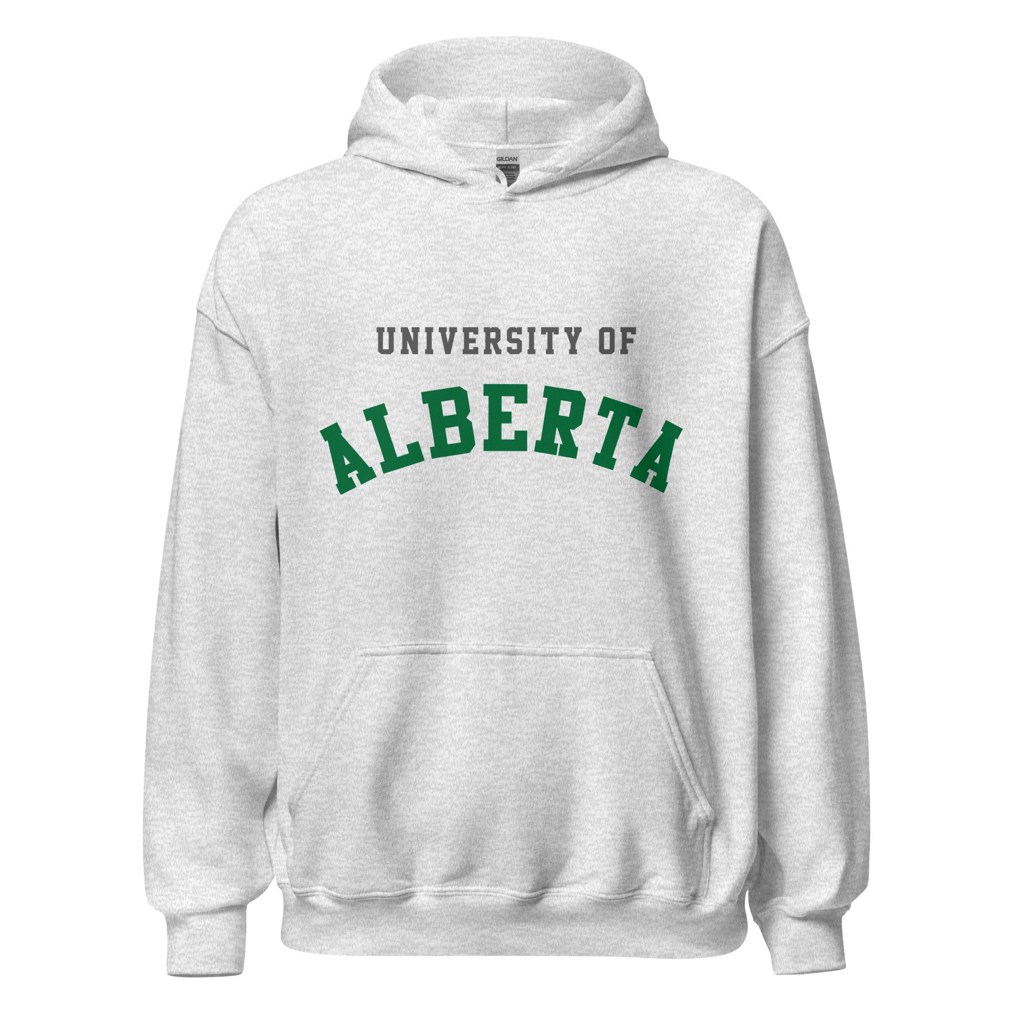 Unisex hoodie featuring University of Alberta name and branding in green and gold