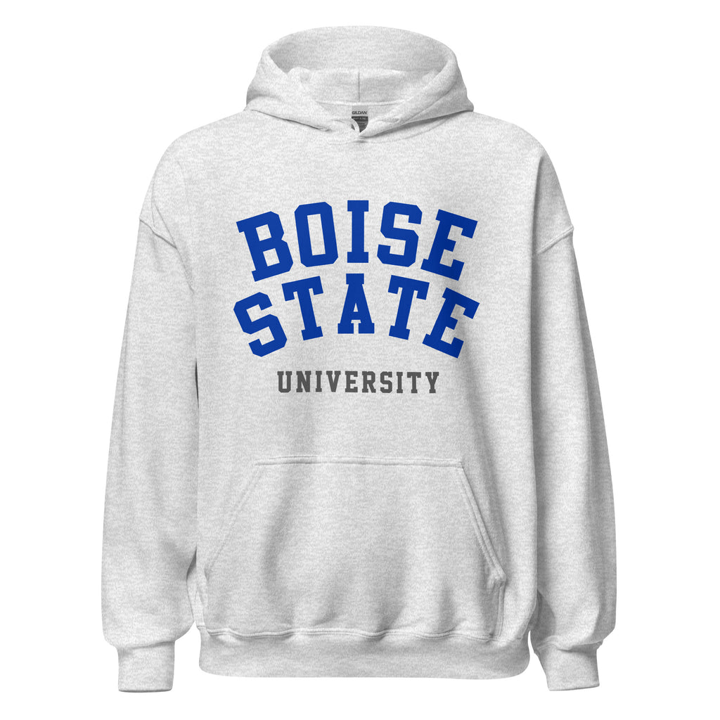 Unisex hoodie featuring Boise State University name and branding in blue and orange