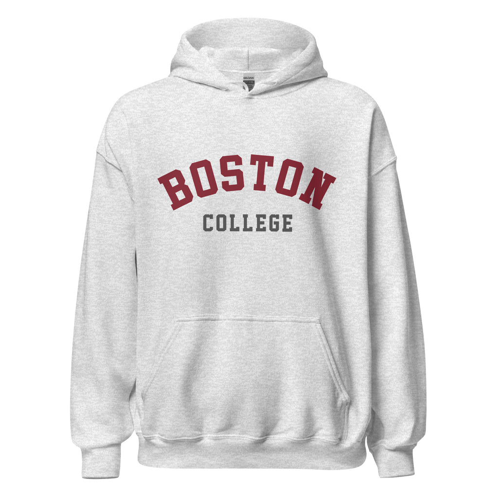 Unisex hoodie featuring Boston College name and branding in maroon and gold