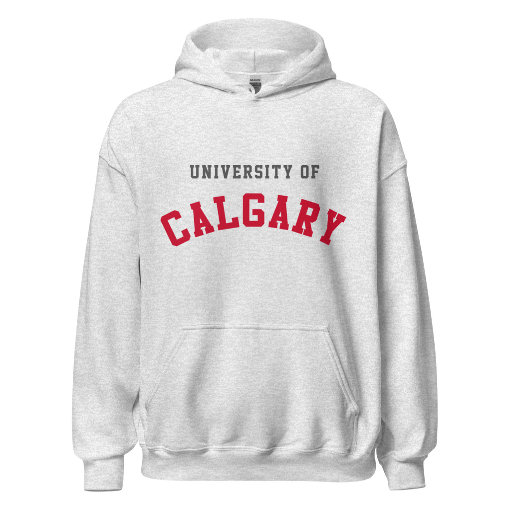 Unisex hoodie featuring University of Calgary name and branding in red and gold