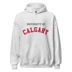 Unisex hoodie featuring University of Calgary name and branding in red and gold