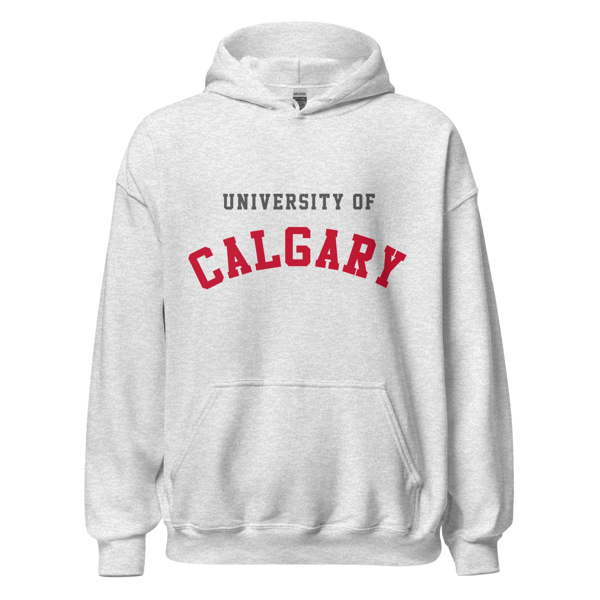 Unisex hoodie featuring University of Calgary name and branding in red and gold