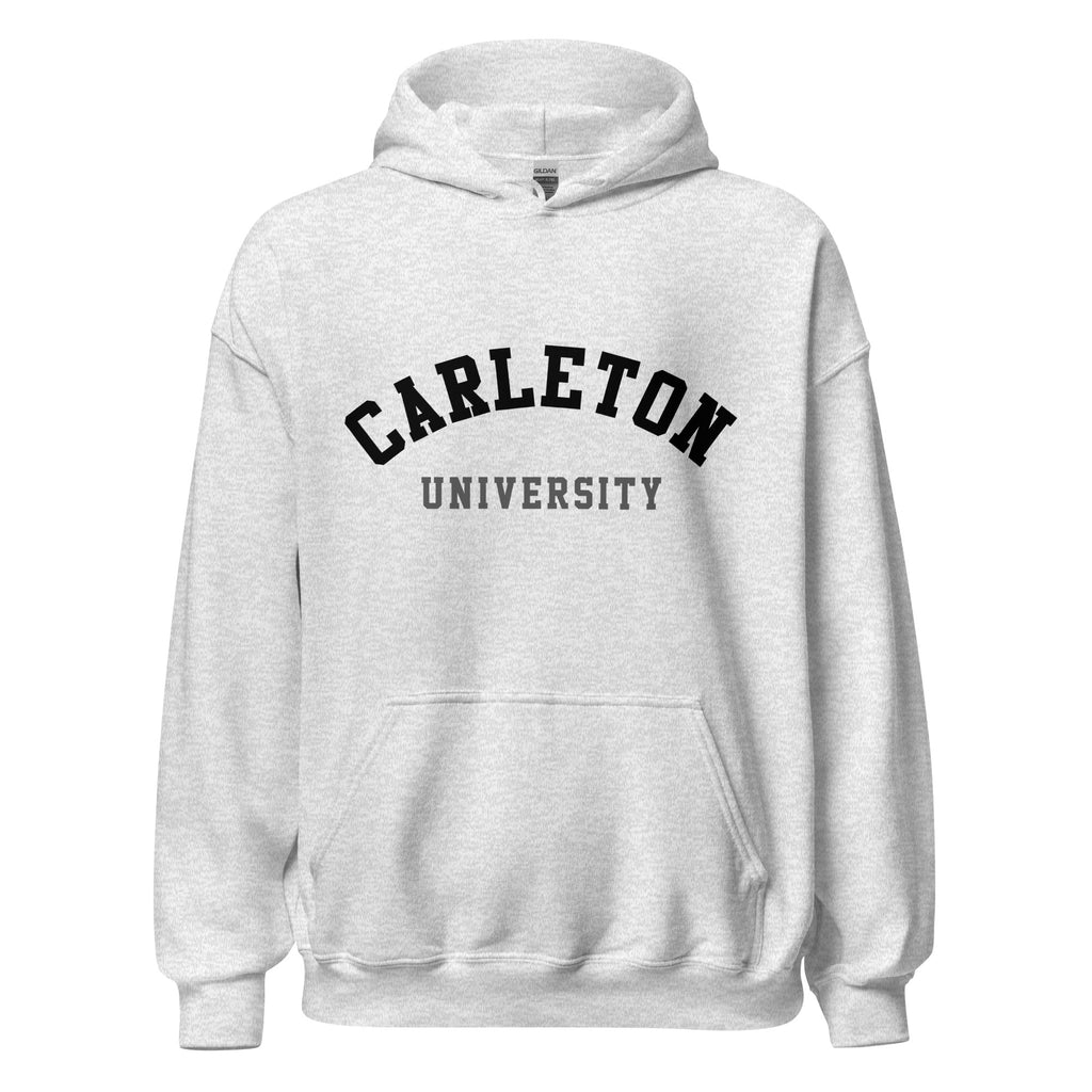 Unisex hoodie featuring Carleton University name and branding in red and gold