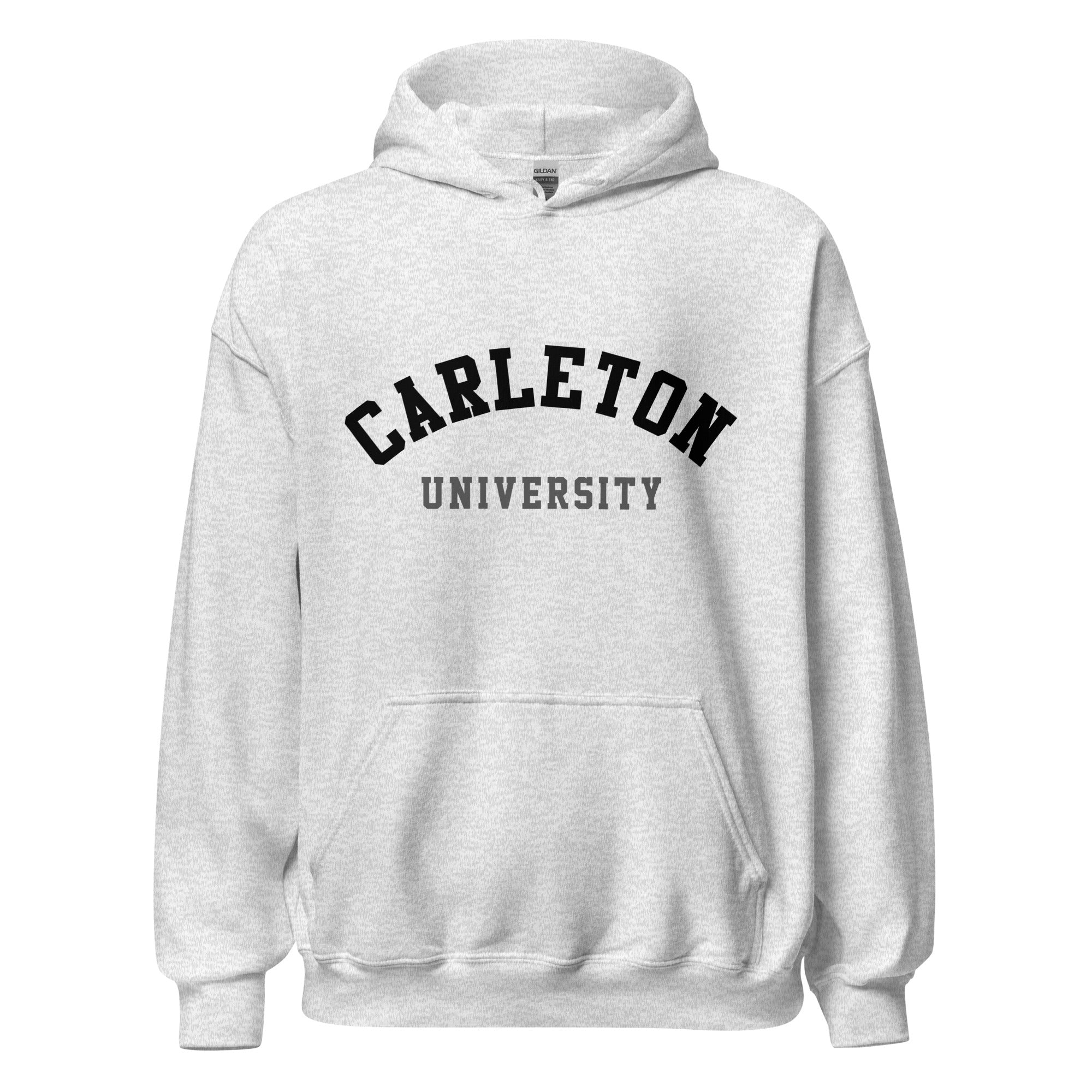 Unisex hoodie featuring Carleton University name and branding in red and gold