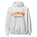 Unisex hoodie featuring Clemson University name and branding in orange and purple