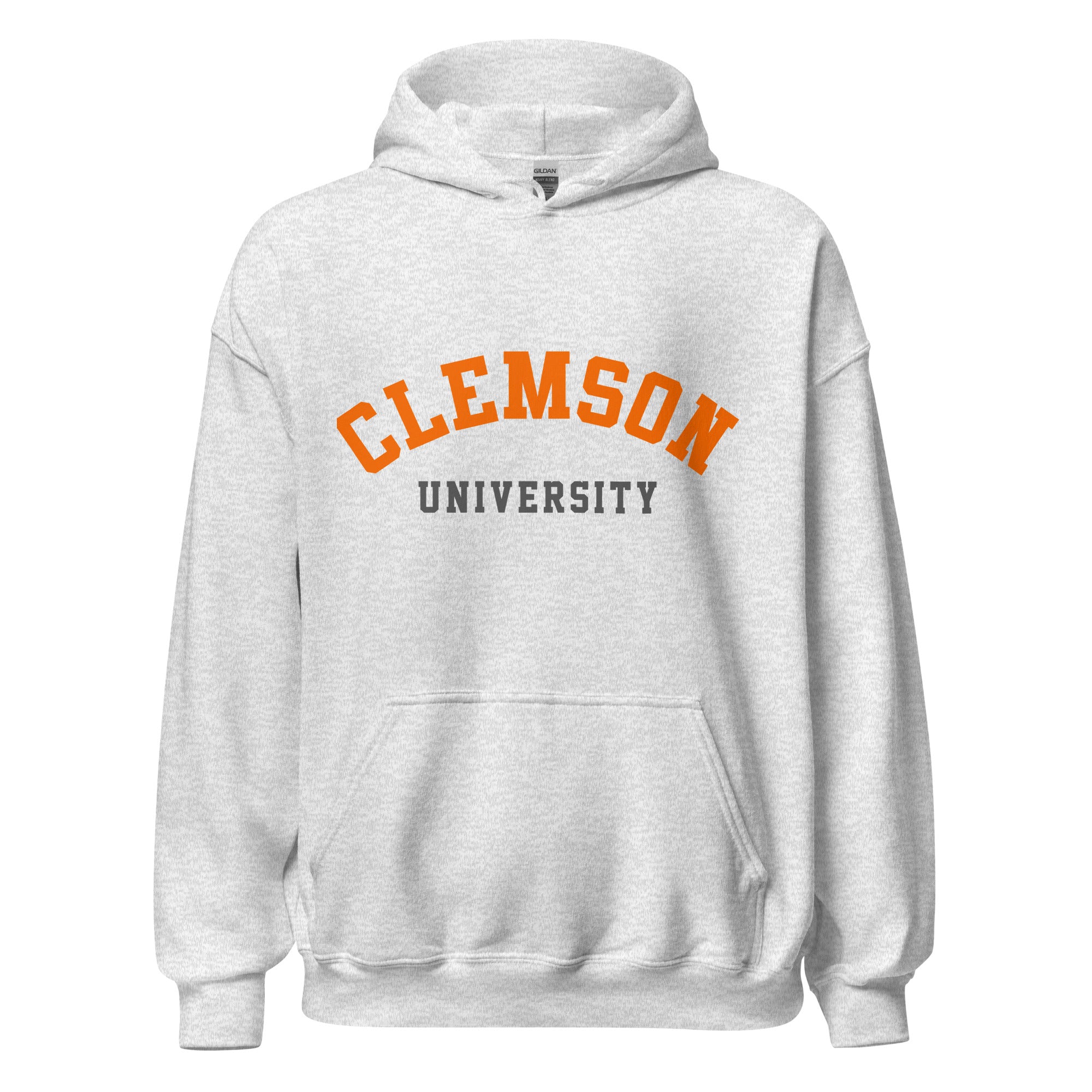 Unisex hoodie featuring Clemson University name and branding in orange and purple
