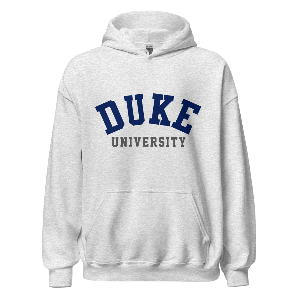 Unisex hoodie featuring Duke University name and branding in royal blue and white