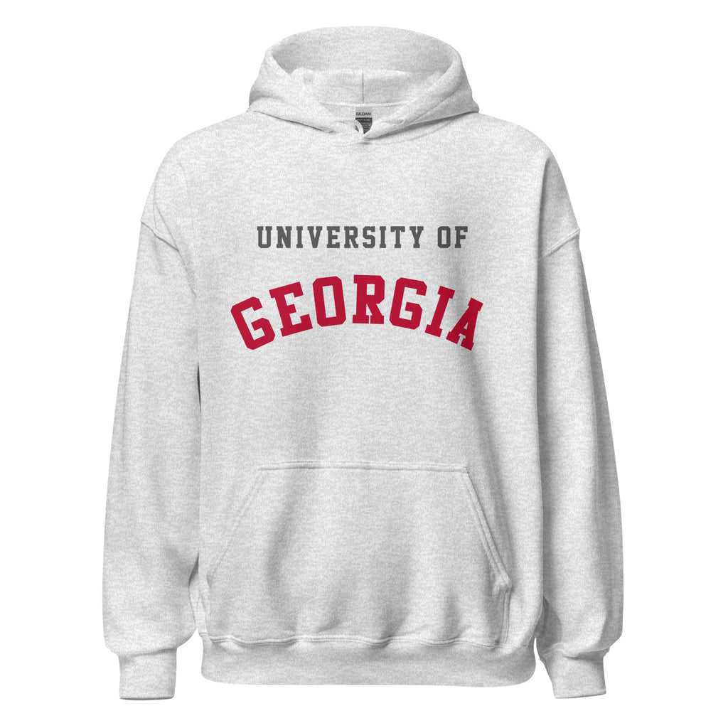 Unisex hoodie featuring University of Georgia name and branding in red and black