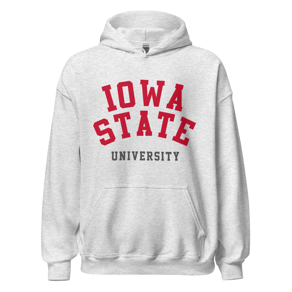 Unisex hoodie featuring Iowa State University name and branding in cardinal and gold