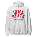 Unisex hoodie featuring Iowa State University name and branding in cardinal and gold