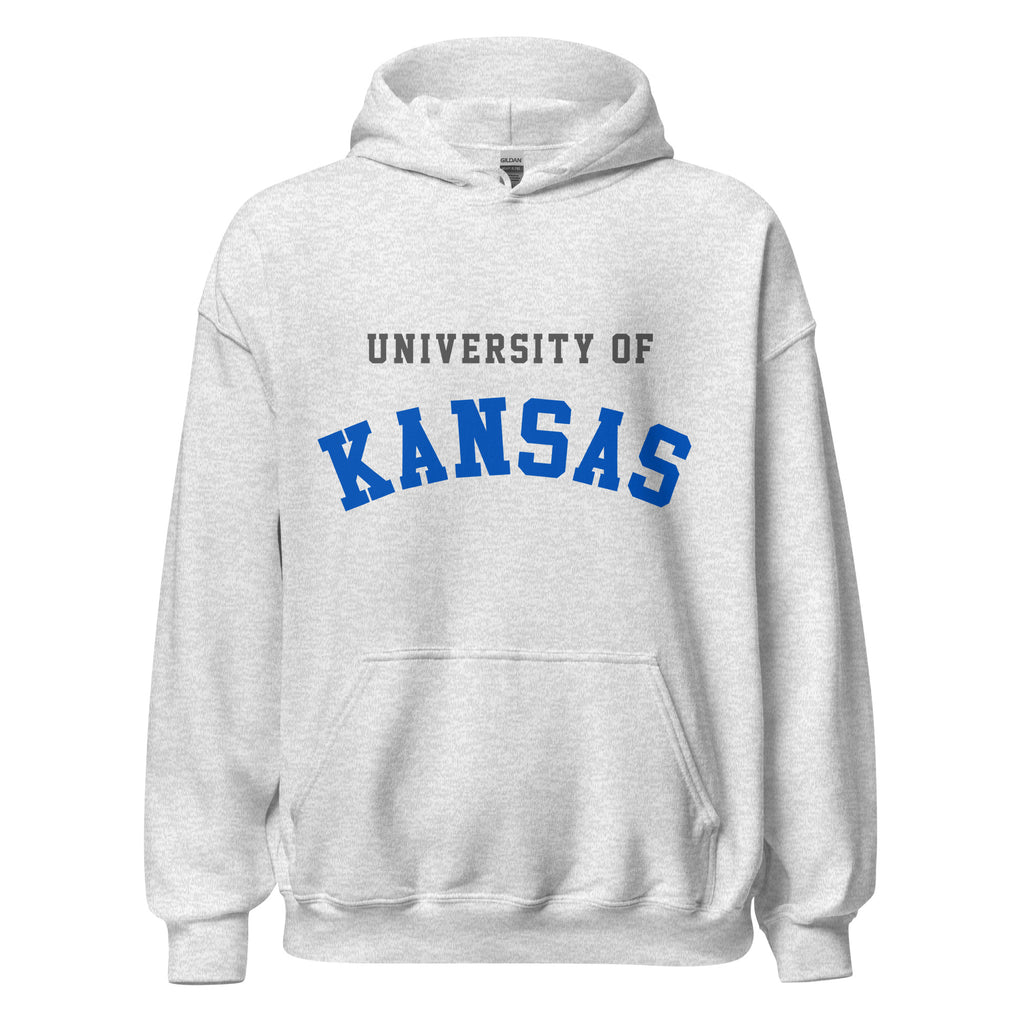 Unisex hoodie featuring University of Kansas name and branding in crimson and blue