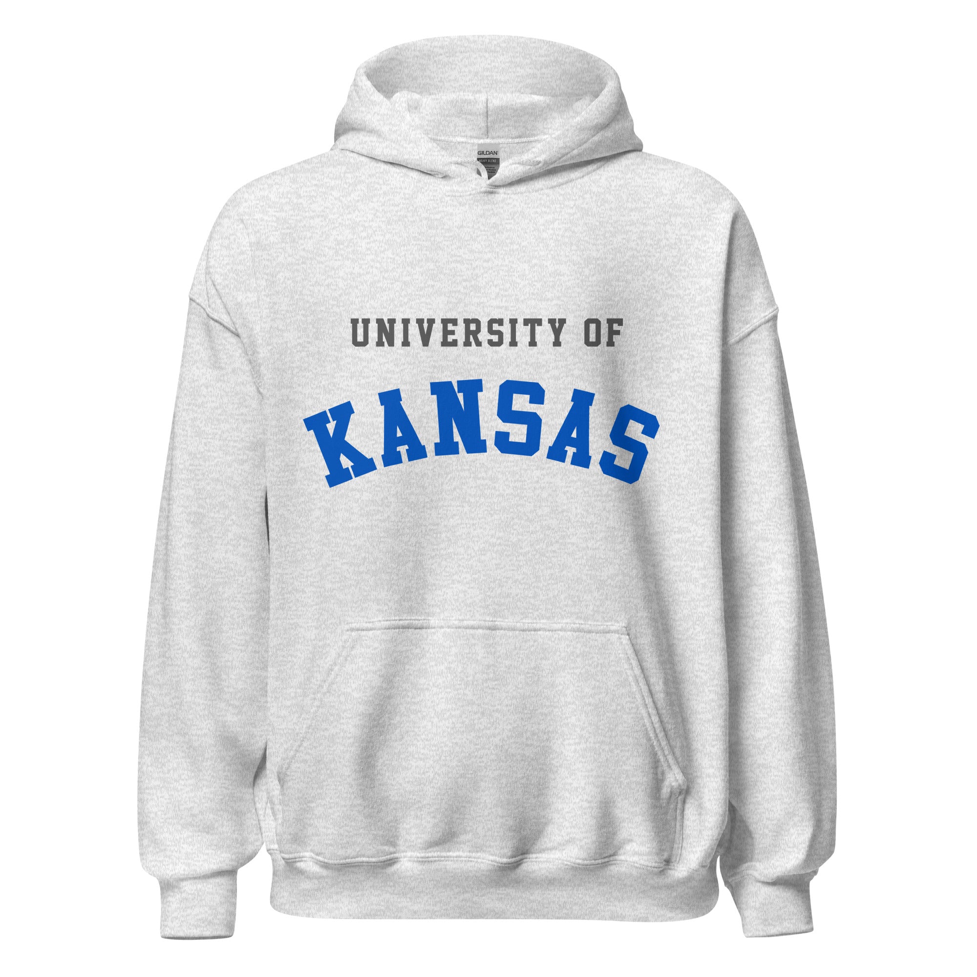 Unisex hoodie featuring University of Kansas name and branding in crimson and blue