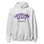 Unisex hoodie featuring Louisiana State University name and branding in purple and gold