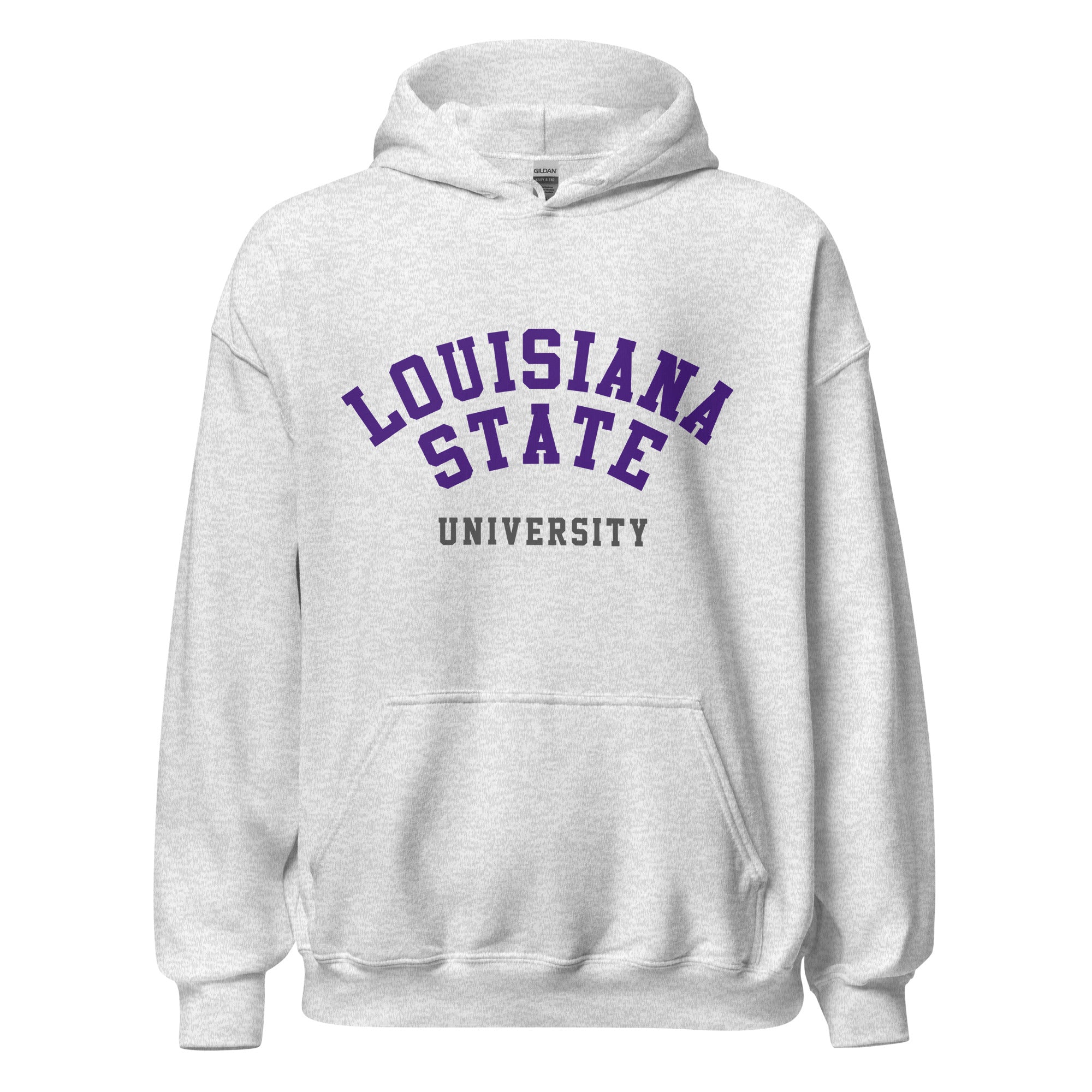 Unisex hoodie featuring Louisiana State University name and branding in purple and gold