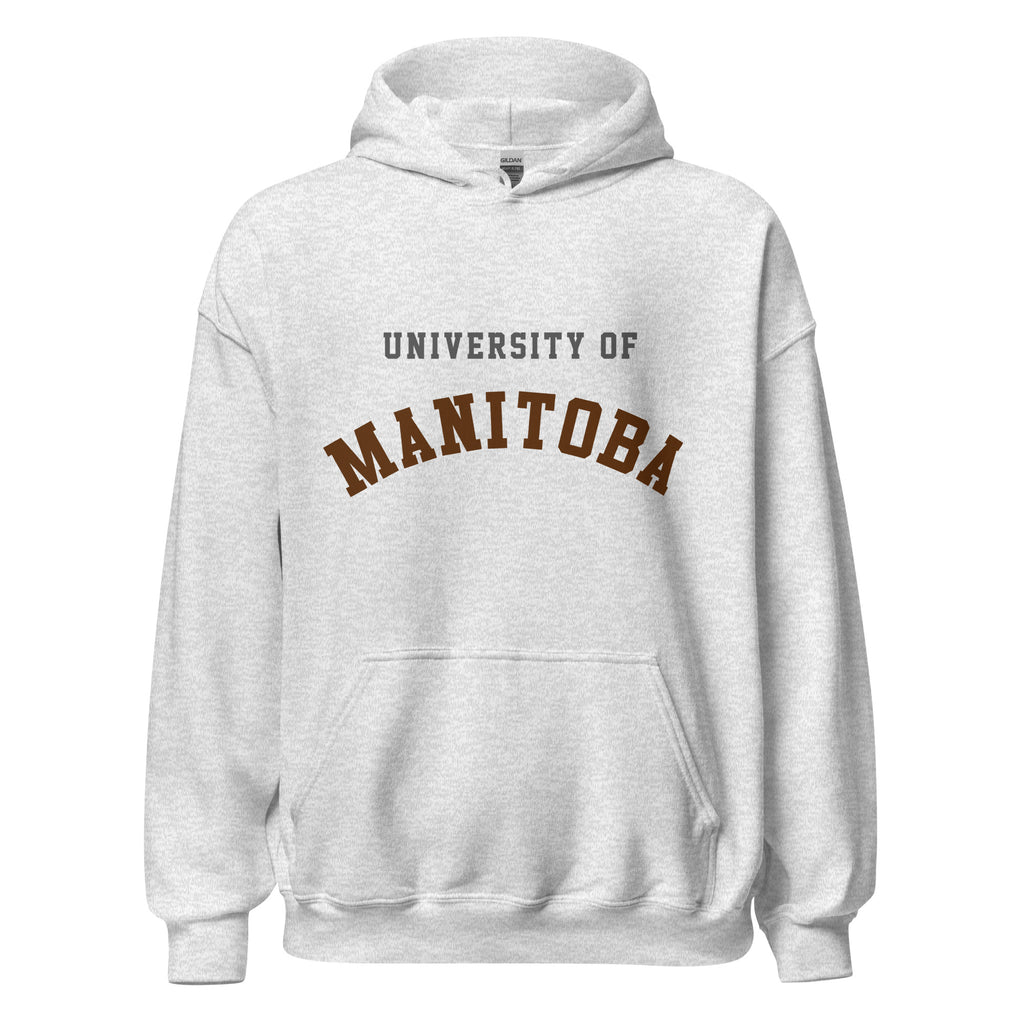 Unisex hoodie featuring University of Manitoba name and branding in bison brown and gold