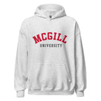 Unisex hoodie featuring McGill University name and branding in red and white