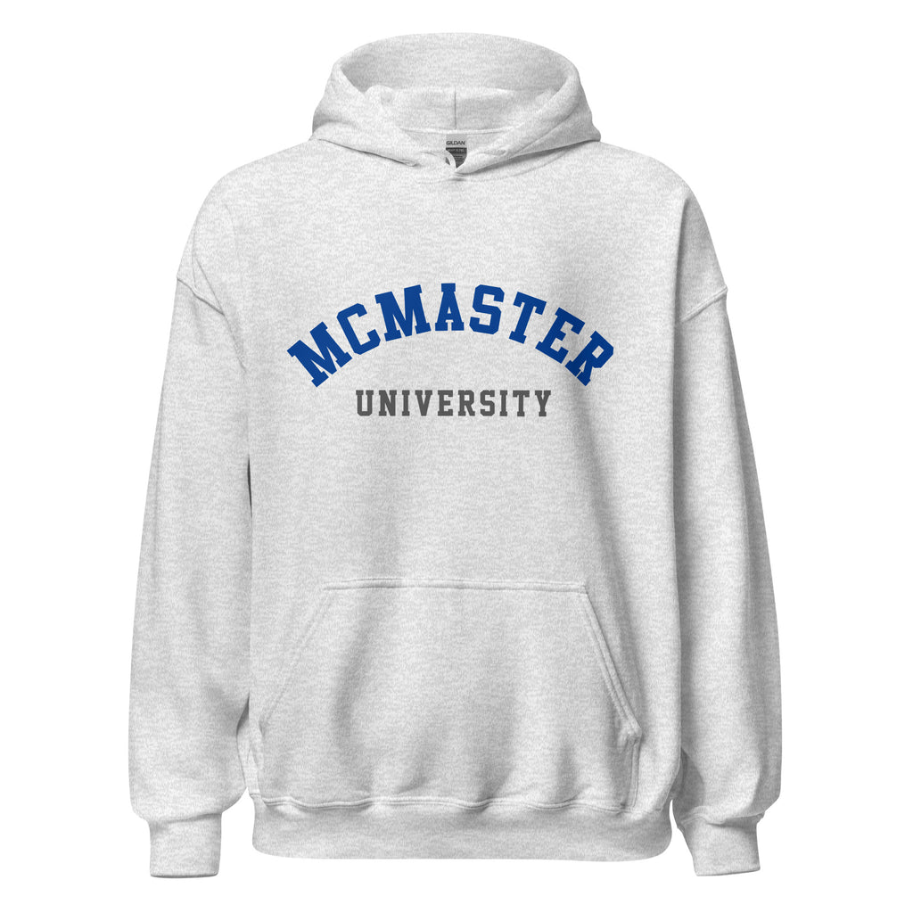 Unisex hoodie featuring McMaster University name and branding in maroon and gold