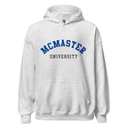 Unisex hoodie featuring McMaster University name and branding in maroon and gold