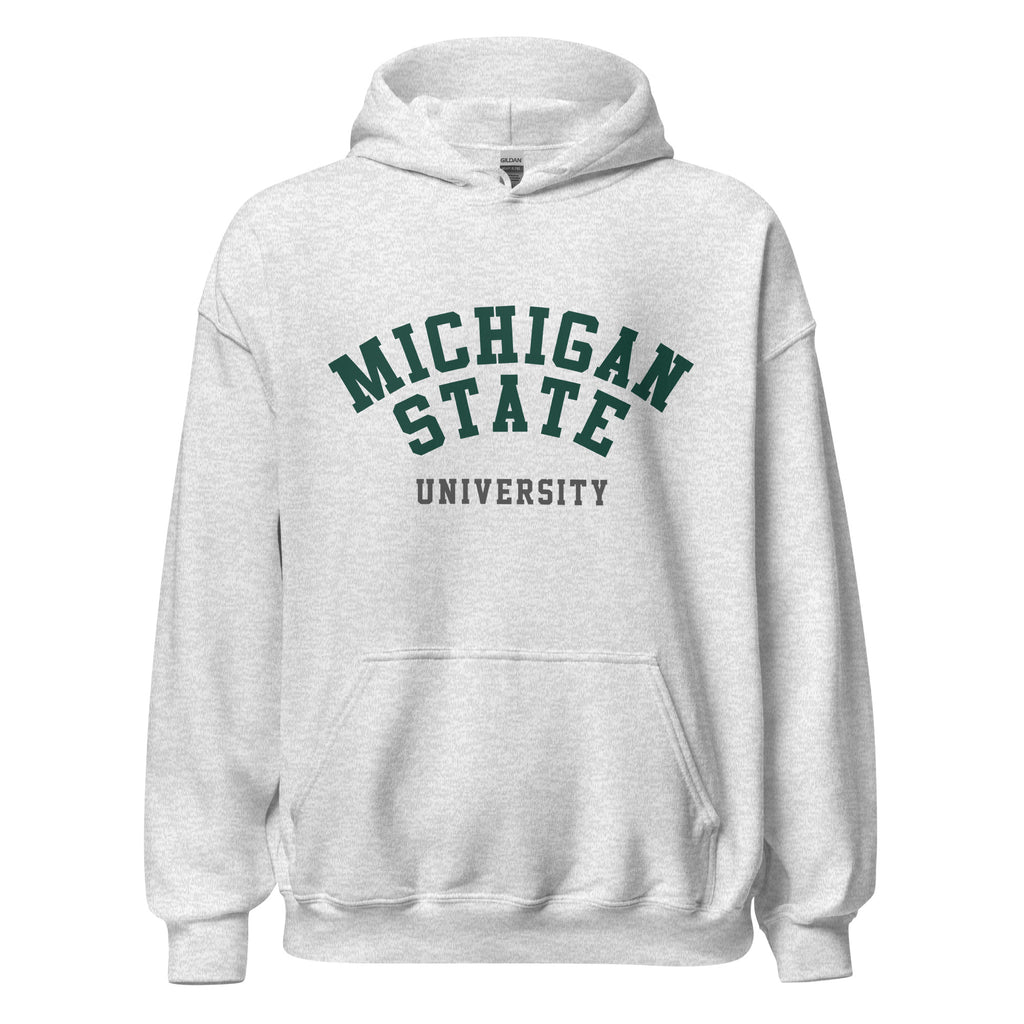 Unisex hoodie featuring Michigan State University name and branding in green and white