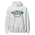 Unisex hoodie featuring Michigan State University name and branding in green and white