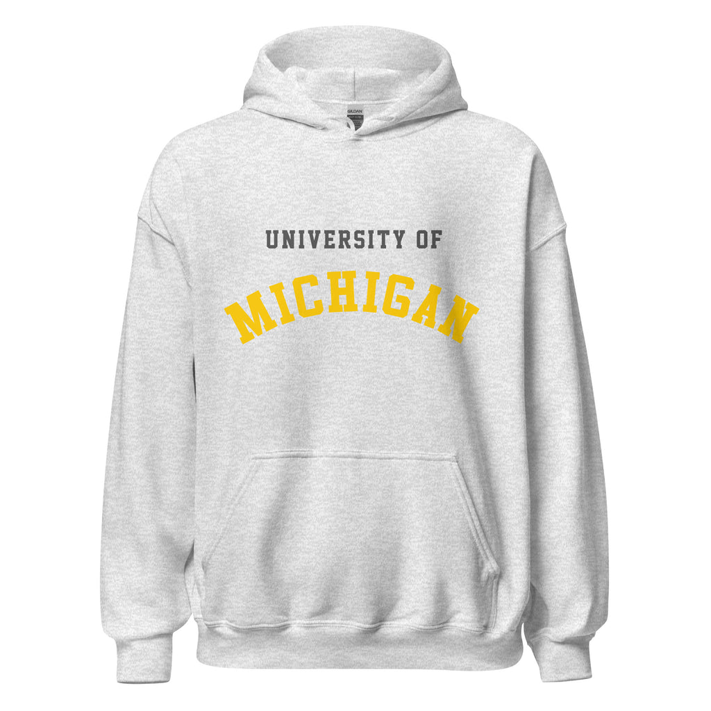 Unisex hoodie featuring University of Michigan name and branding in maize and blue