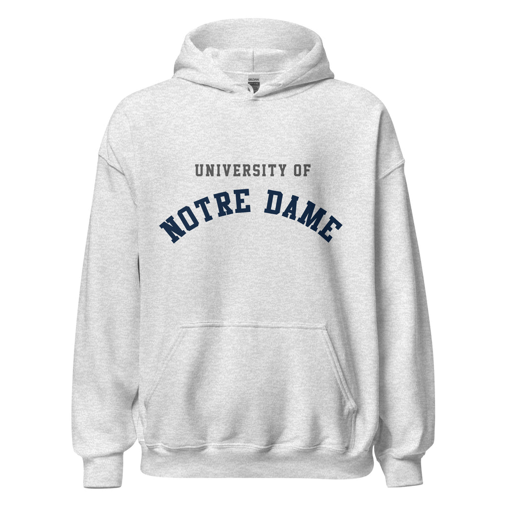 Unisex hoodie featuring University of Notre Dame name and branding in navy and gold
