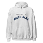 Unisex hoodie featuring University of Notre Dame name and branding in navy and gold